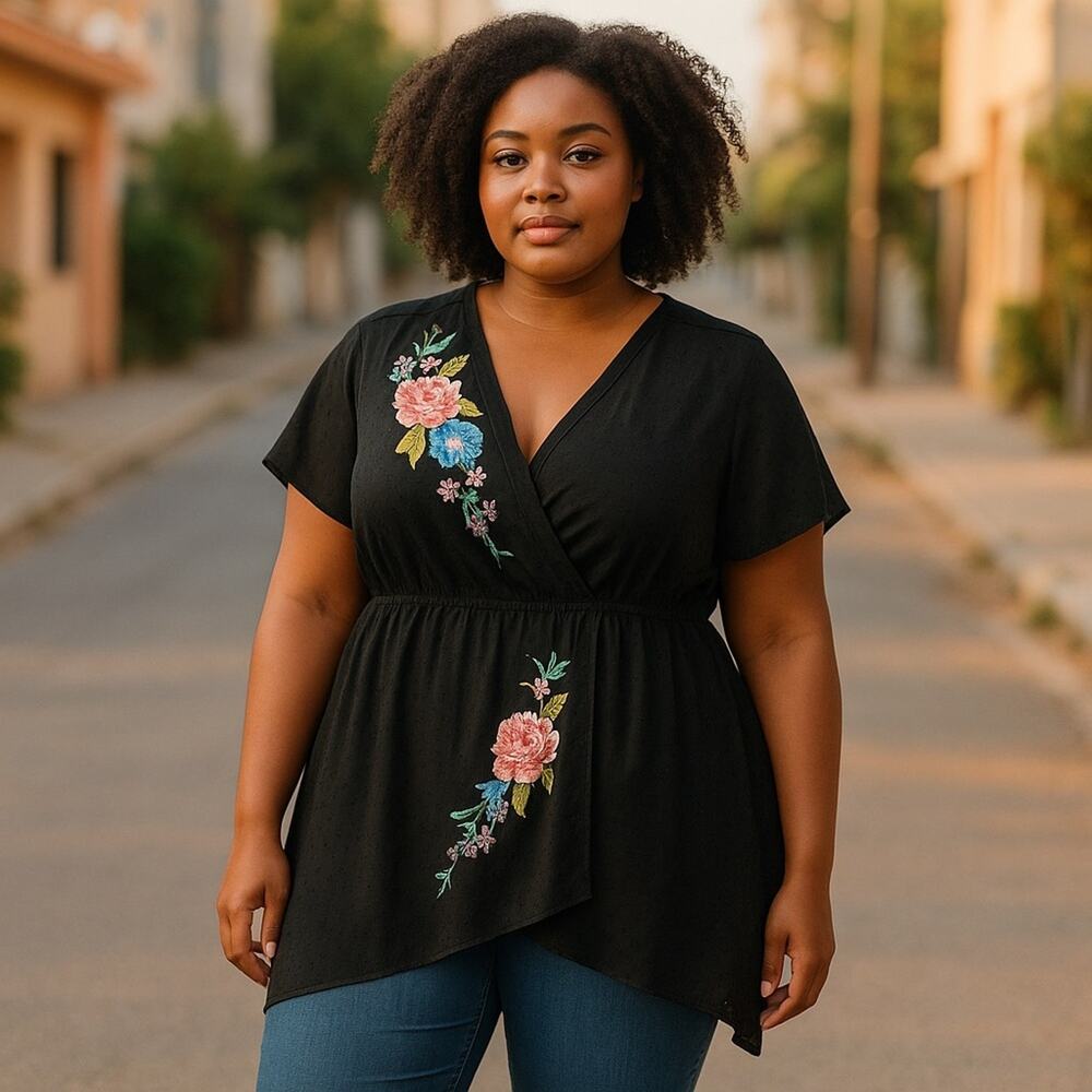 Torrid Black Asymmetrical Flutter Sleeve Blouse Swiss Dot Embroidered Floral 2X